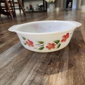 Anchor Hocking Fire-King Primrose Milk Glass Casserole Dish Vintage 9.5in Handle
